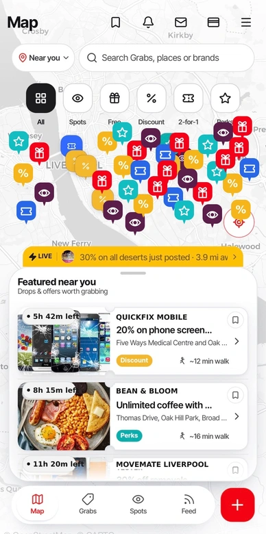 Illustrative Grabit map showing live nearby offers in Liverpool