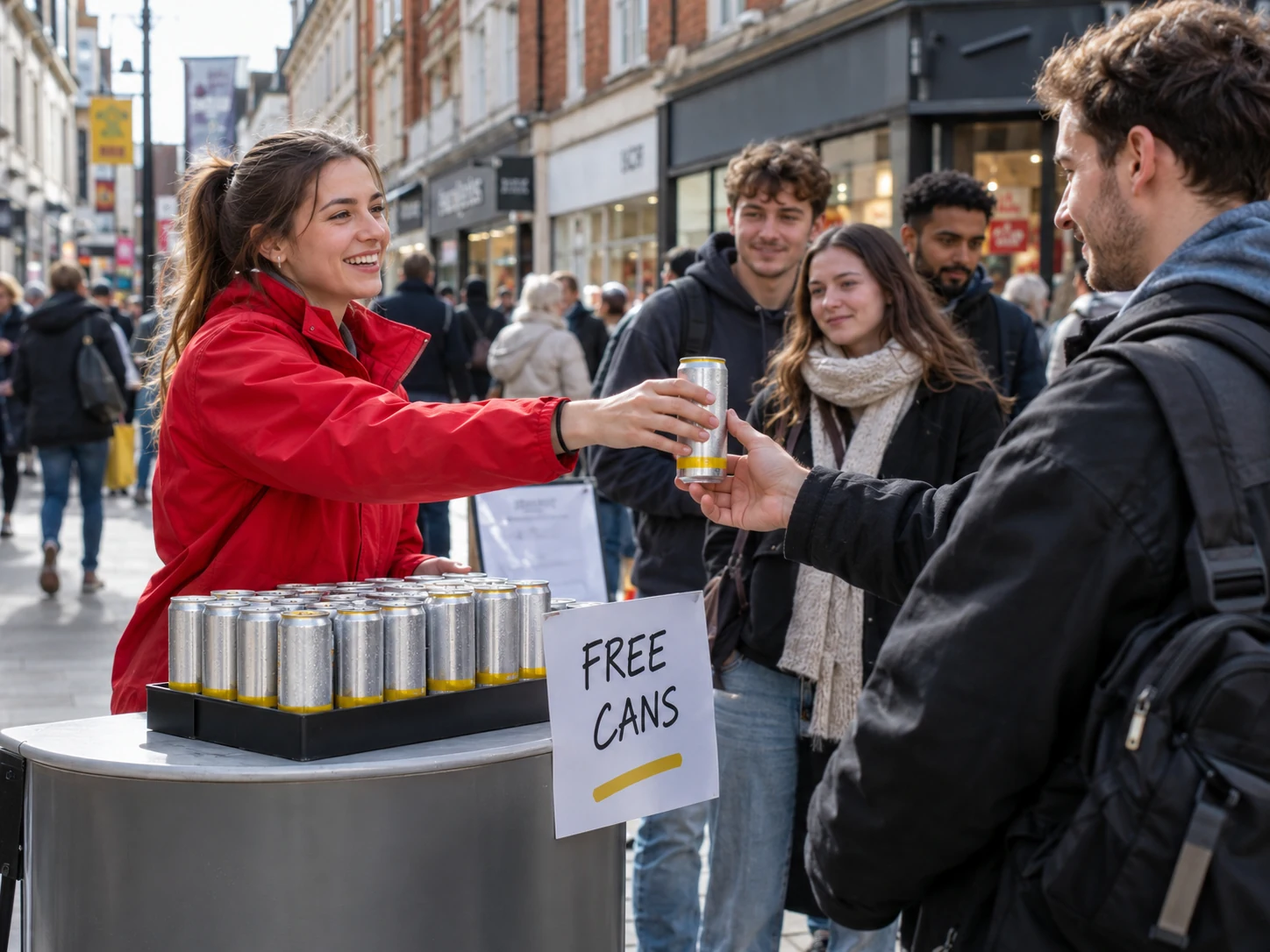 Illustrative energy-drink giveaway: free cans being handed to shoppers on a busy city-centre street