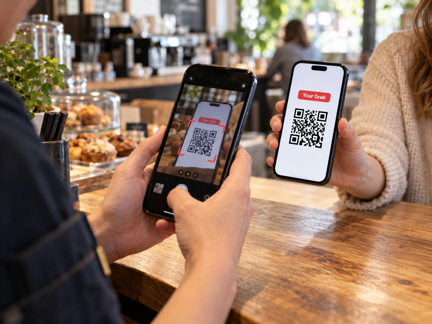 Illustrative close-up of a café staff member scanning a customer’s Grab QR code with a phone